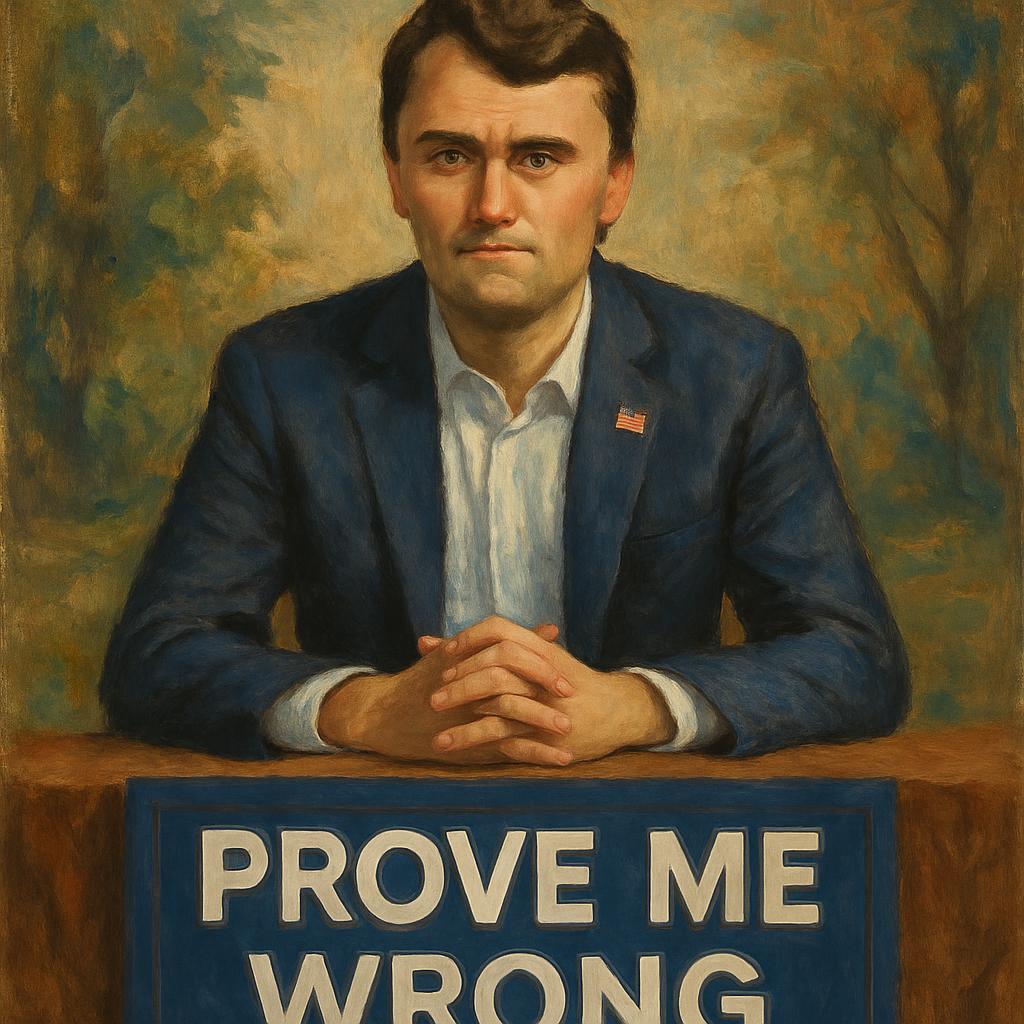 High Quality Charlie Kirk, sitting at his booth, Prove Me Wrong Blank Meme Template