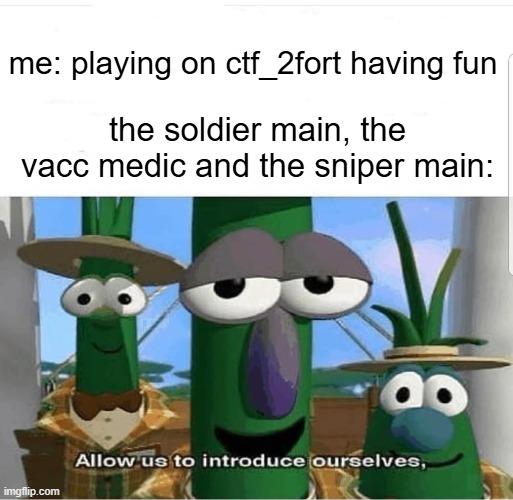 2fort posting | me: playing on ctf_2fort having fun; the soldier main, the vacc medic and the sniper main: | image tagged in allow us to introduce ourselves | made w/ Imgflip meme maker