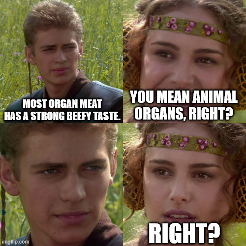 Anakin Padme 4 Panel | MOST ORGAN MEAT HAS A STRONG BEEFY TASTE. YOU MEAN ANIMAL ORGANS, RIGHT? RIGHT? | image tagged in anakin padme 4 panel | made w/ Imgflip meme maker