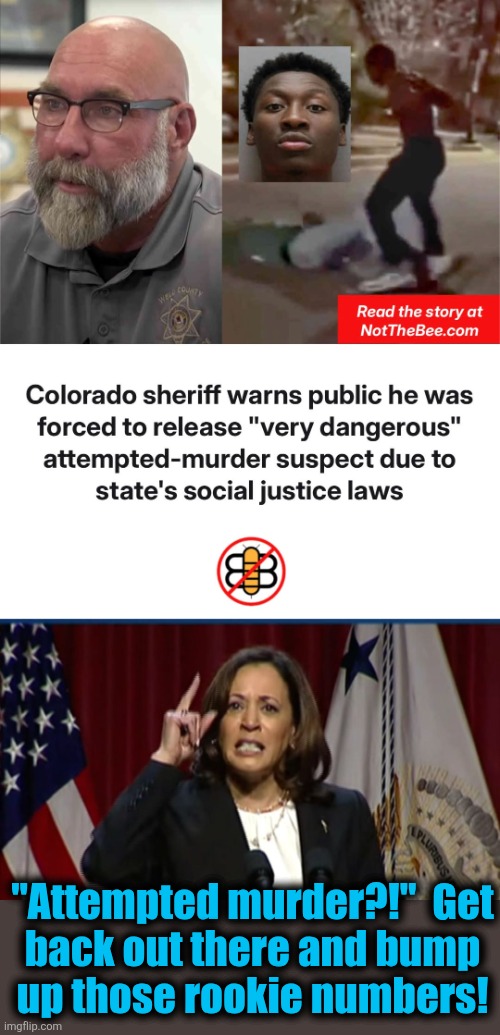 "Social justice" from democrats | "Attempted murder?!"  Get
back out there and bump
up those rookie numbers! | image tagged in kamala angry,memes,social justice,attempted murder,cashless bail,crime | made w/ Imgflip meme maker
