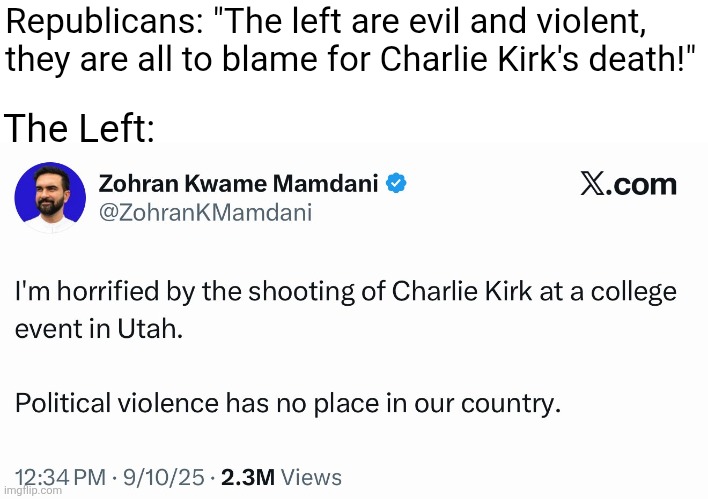 The left are actually being the bigger man after Charlie Kirk's death | Republicans: "The left are evil and violent, they are all to blame for Charlie Kirk's death!"; The Left: | image tagged in charlie kirk,zohran mamdani,violence,conservative logic | made w/ Imgflip meme maker