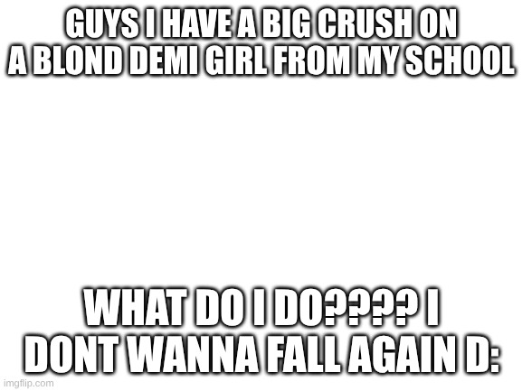 HELP | GUYS I HAVE A BIG CRUSH ON A BLOND DEMI GIRL FROM MY SCHOOL; WHAT DO I DO???? I DONT WANNA FALL AGAIN D: | image tagged in blank white template | made w/ Imgflip meme maker