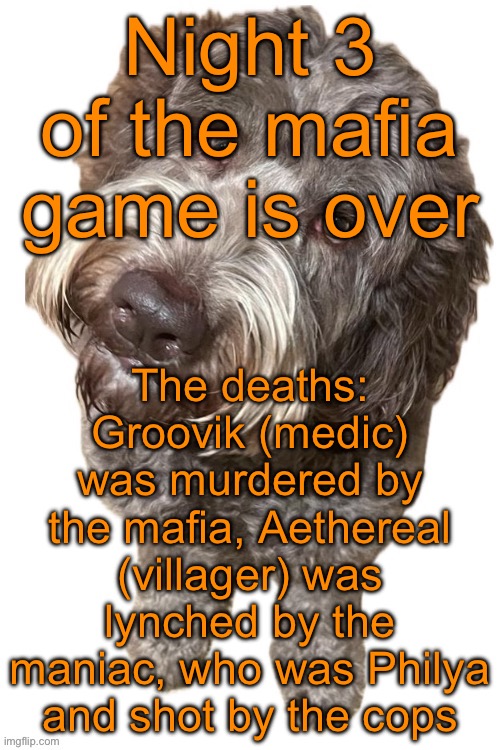 The cops might as well have aimbot | Night 3 of the mafia game is over; The deaths: Groovik (medic) was murdered by the mafia, Aethereal (villager) was lynched by the maniac, who was Philya and shot by the cops | image tagged in norther's dog | made w/ Imgflip meme maker