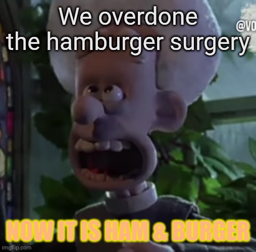 Priest from wallace and Gromit | We overdone the hamburger surgery; NOW IT IS HAM & BURGER | image tagged in priest from wallace and gromit | made w/ Imgflip meme maker