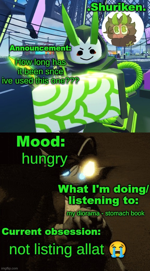 Shuri announcement temp | How long has it been snce ive used this one??? hungry; my diorama - stomach book; not listing allat 😭 | image tagged in shuri announcement temp | made w/ Imgflip meme maker