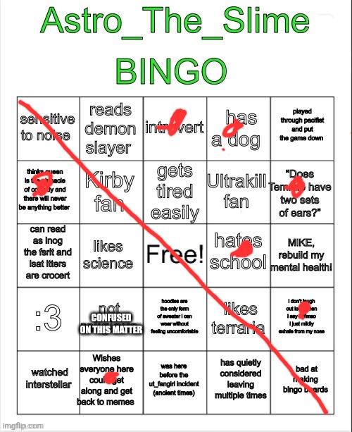 LADIES AND GENTLEMEN WE HAVE A BINGO (yes I know I just did one of these 2 minutes ago) | CONFUSED ON THIS MATTER | image tagged in astro bingo | made w/ Imgflip meme maker