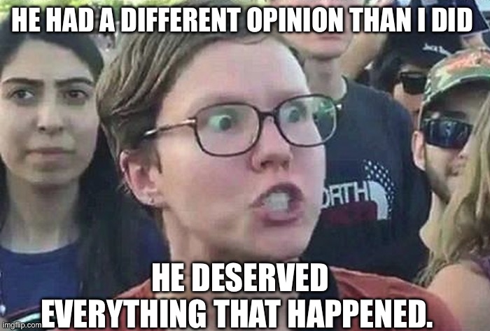 Triggered Liberal | HE HAD A DIFFERENT OPINION THAN I DID; HE DESERVED EVERYTHING THAT HAPPENED. | image tagged in triggered liberal,politics,political meme | made w/ Imgflip meme maker