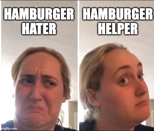 Kombucha Girl | HAMBURGER HATER; HAMBURGER HELPER | image tagged in kombucha girl | made w/ Imgflip meme maker