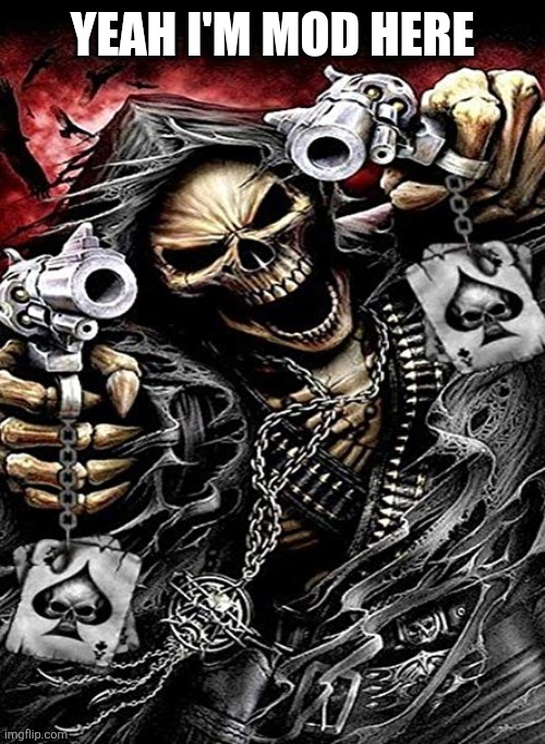 Badass skeleton with guns | YEAH I'M MOD HERE | image tagged in badass skeleton with guns | made w/ Imgflip meme maker