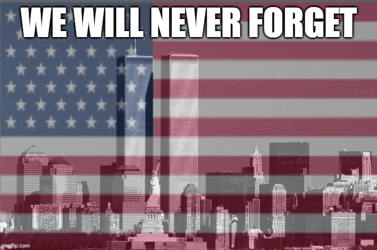R.I.P To the 2,977 people who died in this terrible day | WE WILL NEVER FORGET | image tagged in 9/11 | made w/ Imgflip meme maker
