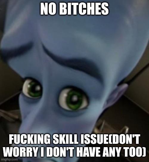 no bitches | NO BITCHES; FUCKING SKILL ISSUE(DON'T WORRY I DON'T HAVE ANY TOO) | image tagged in megamind no bitches | made w/ Imgflip meme maker