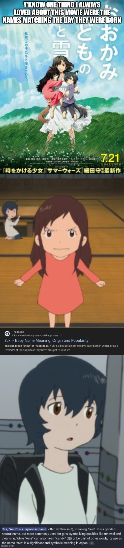 I love thisc movie | Y'KNOW ONE THING I ALWAYS LOVED ABOUT THIS MOVIE WERE THE NAMES MATCHING THE DAY THEY WERE BORN | image tagged in anime,wolf children | made w/ Imgflip meme maker