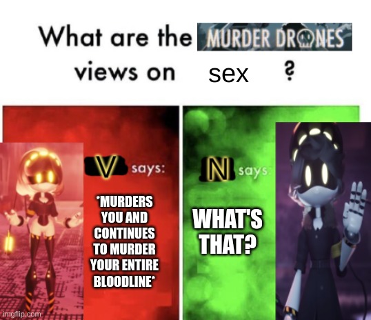 ¯\_(ツ)_/¯ | sex; *MURDERS YOU AND CONTINUES TO MURDER YOUR ENTIRE BLOODLINE*; WHAT'S THAT? | image tagged in murder drones' views,murder drones,the only right answer,n,v | made w/ Imgflip meme maker