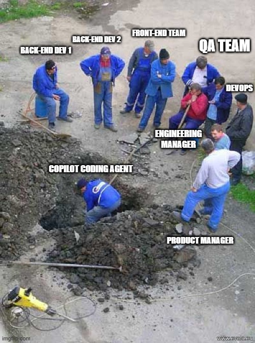 Future Dev Team | FRONT-END TEAM; BACK-END DEV 2; QA TEAM; BACK-END DEV 1; DEVOPS; ENGINEERING MANAGER; COPILOT CODING AGENT; PRODUCT MANAGER | image tagged in road workers,artificial intelligence,copilot,programming,programmers | made w/ Imgflip meme maker