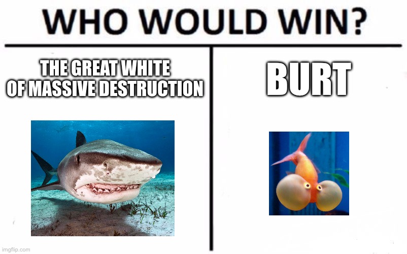 Who would Win | THE GREAT WHITE OF MASSIVE DESTRUCTION; BURT | image tagged in memes,who would win | made w/ Imgflip meme maker