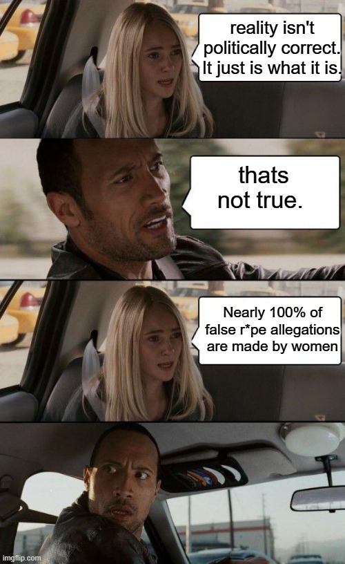reality isn't politically correct. It just is what it is. thats not true. Nearly 100% of false r*pe allegations are made by women | image tagged in memes,the rock driving | made w/ Imgflip meme maker