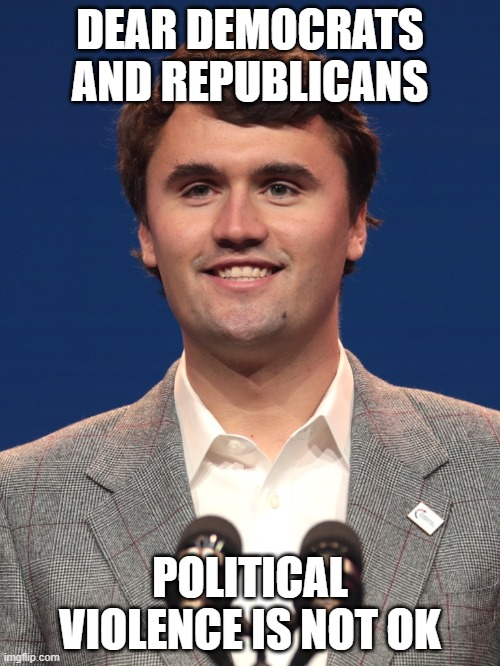Doesn't matter who did it, that should never happen | DEAR DEMOCRATS AND REPUBLICANS; POLITICAL VIOLENCE IS NOT OK | image tagged in charlie k | made w/ Imgflip meme maker