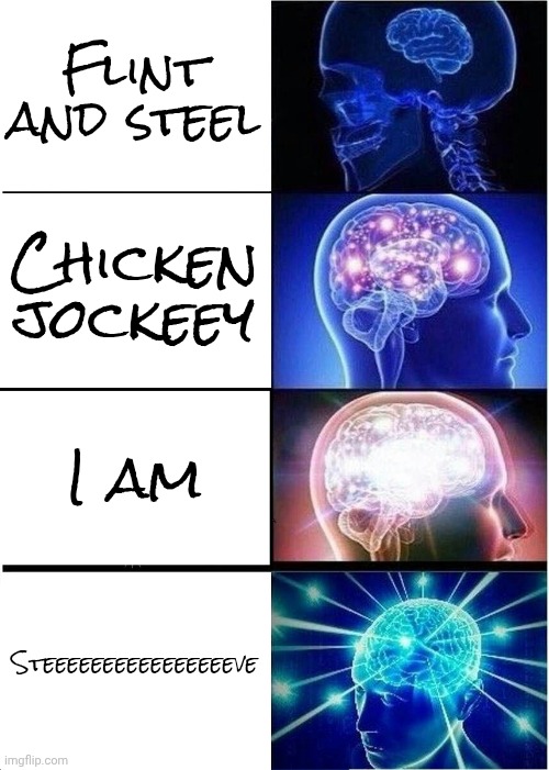 Expanding Brain | Flint and steel; Chicken jockeey; I am; Steeeeeeeeeeeeeeeeve | image tagged in memes,expanding brain | made w/ Imgflip meme maker