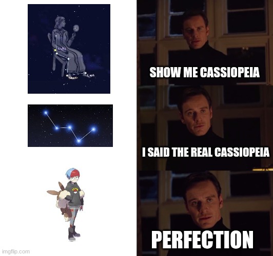 little late to scarlet and violet | SHOW ME CASSIOPEIA; I SAID THE REAL CASSIOPEIA; PERFECTION | image tagged in perfection,pokemon,pokemon scarlet and violet,scarlet,cassiopeia | made w/ Imgflip meme maker
