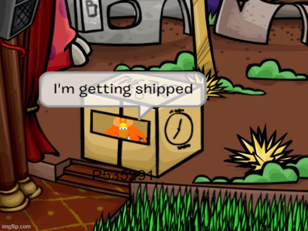 Getting shipped to grandma's igloo | image tagged in memes,club penguin,box,gaming | made w/ Imgflip meme maker