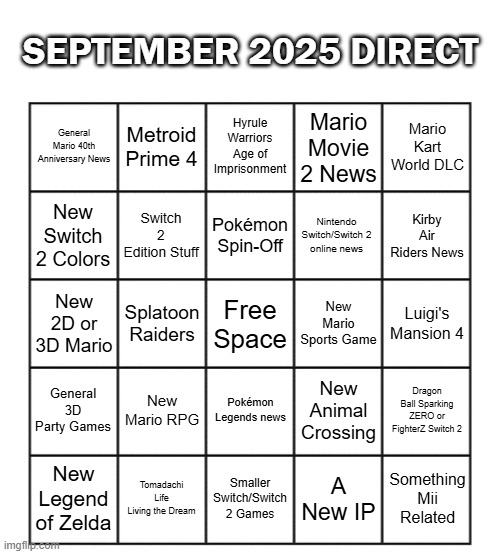 My bingo card for Tomorrow's Direct | SEPTEMBER 2025 DIRECT; Metroid Prime 4; Hyrule Warriors Age of Imprisonment; Mario Kart World DLC; General Mario 40th Anniversary News; Mario Movie 2 News; Switch 2 Edition Stuff; Pokémon Spin-Off; Nintendo Switch/Switch 2 online news; New Switch 2 Colors; Kirby Air Riders News; Splatoon Raiders; Free Space; New Mario Sports Game; Luigi's Mansion 4; New 2D or 3D Mario; New Mario RPG; Pokémon Legends news; General 3D Party Games; New Animal Crossing; Dragon Ball Sparking ZERO or FighterZ Switch 2; New Legend of Zelda; Tomadachi Life Living the Dream; Smaller Switch/Switch 2 Games; A New IP; Something Mii Related | image tagged in blank five by five bingo grid | made w/ Imgflip meme maker