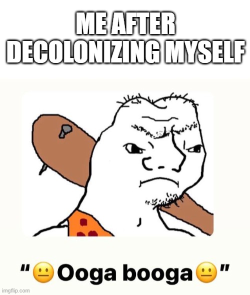 colonization has it's ups and downs | ME AFTER DECOLONIZING MYSELF | image tagged in neanderthal,meme,funny,wojak | made w/ Imgflip meme maker