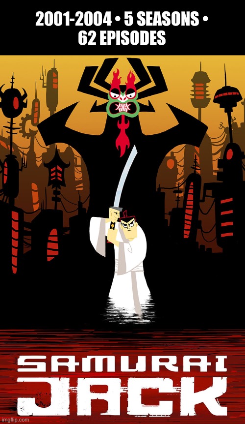 Classic series… | 2001-2004 • 5 SEASONS • 
62 EPISODES | image tagged in cartoons,samurai jack,warrior,aku | made w/ Imgflip meme maker
