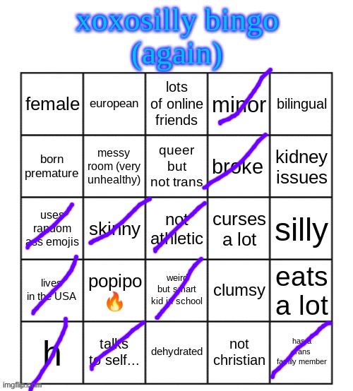 xoxosilly bingo AGAIN | image tagged in xoxosilly bingo again | made w/ Imgflip meme maker