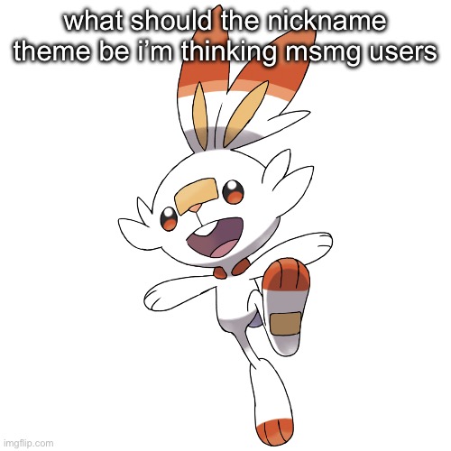 Scorbunny | what should the nickname theme be i’m thinking msmg users | image tagged in scorbunny | made w/ Imgflip meme maker