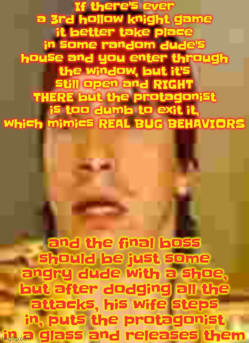 Is this peak | If there's ever a 3rd hollow knight game it better take place in some random dude's house and you enter through the window, but it's still open and RIGHT THERE but the protagonist is too dumb to exit it, which mimics REAL BUG BEHAVIORS; and the final boss should be just some angry dude with a shoe, but after dodging all the attacks, his wife steps in, puts the protagonist in a glass and releases them | image tagged in when the | made w/ Imgflip meme maker