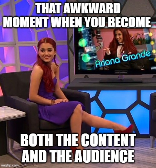 awkward moment | THAT AWKWARD MOMENT WHEN YOU BECOME; BOTH THE CONTENT AND THE AUDIENCE | image tagged in memes | made w/ Imgflip meme maker
