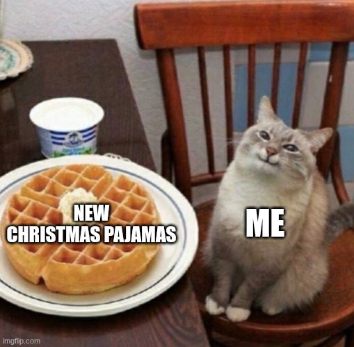 Cat likes their waffle | ME; NEW CHRISTMAS PAJAMAS | image tagged in cat likes their waffle | made w/ Imgflip meme maker