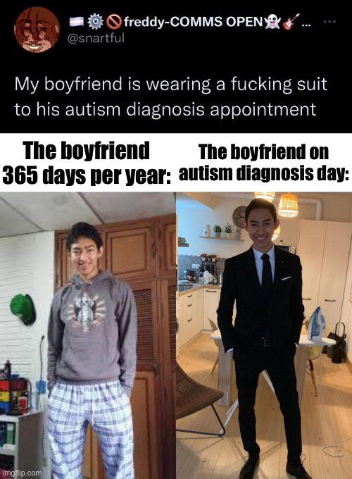 Autism diagnosis day | The boyfriend 365 days per year:; The boyfriend on autism diagnosis day: | image tagged in fernanfloo dresses up,autism,diagnosis,disappointed muhammad sarim akhtar,doctor,psychiatrist | made w/ Imgflip meme maker