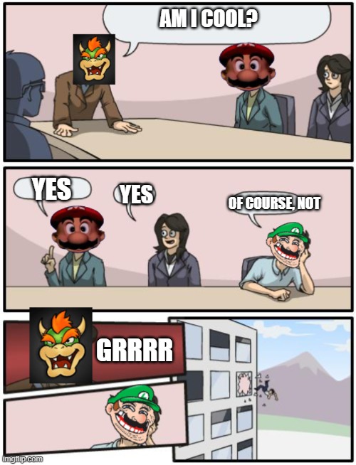 Is Bowser cool? Put in the comments your opinion | AM I COOL? YES; OF COURSE, NOT; YES; GRRRR | image tagged in super mario board meeting | made w/ Imgflip meme maker