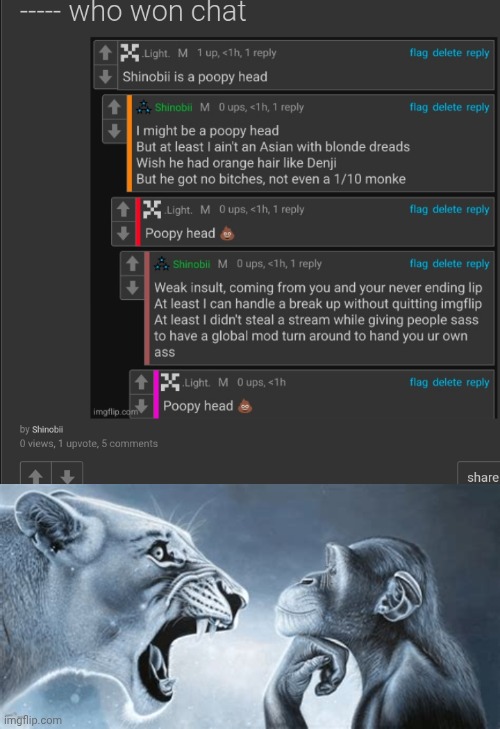 image tagged in tiger yell at pondering monkey | made w/ Imgflip meme maker