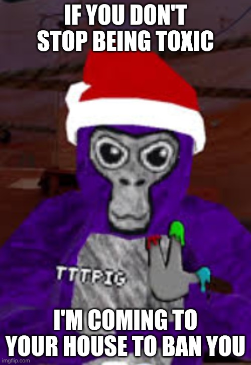 Send this to a friend who keeps being toxic and plays gorilla tag | IF YOU DON'T STOP BEING TOXIC; I'M COMING TO YOUR HOUSE TO BAN YOU | image tagged in you about to get banned by tttpig | made w/ Imgflip meme maker
