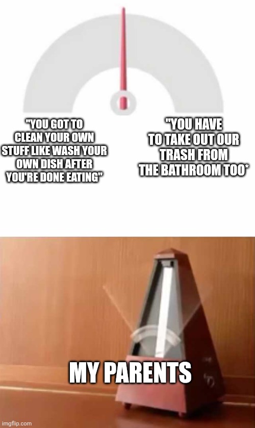 I hope some people can relate LOL | "YOU HAVE TO TAKE OUT OUR TRASH FROM THE BATHROOM TOO*; "YOU GOT TO CLEAN YOUR OWN STUFF LIKE WASH YOUR OWN DISH AFTER YOU'RE DONE EATING"; MY PARENTS | image tagged in metronome,parents,confusing,weird | made w/ Imgflip meme maker