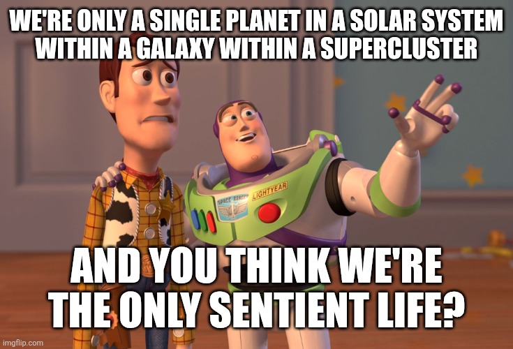 X, X Everywhere | WE'RE ONLY A SINGLE PLANET IN A SOLAR SYSTEM
 WITHIN A GALAXY WITHIN A SUPERCLUSTER; AND YOU THINK WE'RE THE ONLY SENTIENT LIFE? | image tagged in memes,x x everywhere | made w/ Imgflip meme maker