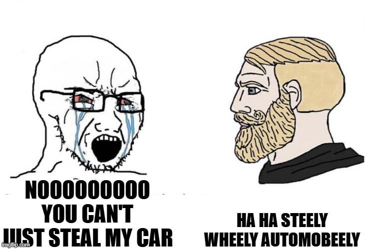 me in video games | HA HA STEELY WHEELY AUTOMOBEELY; NOOOOOOOOO YOU CAN'T JUST STEAL MY CAR | image tagged in soyboy vs yes chad | made w/ Imgflip meme maker