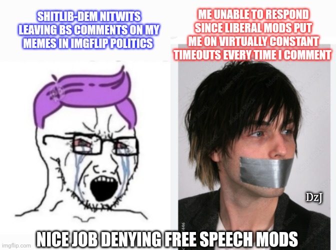 Imgflip politics = No free speech zone | ME UNABLE TO RESPOND SINCE LIBERAL MODS PUT ME ON VIRTUALLY CONSTANT TIMEOUTS EVERY TIME I COMMENT; SHITLIB-DEM NITWITS LEAVING BS COMMENTS ON MY MEMES IN IMGFLIP POLITICS; DzJ; NICE JOB DENYING FREE SPEECH MODS | image tagged in imgflip mods,free speech,denied | made w/ Imgflip meme maker