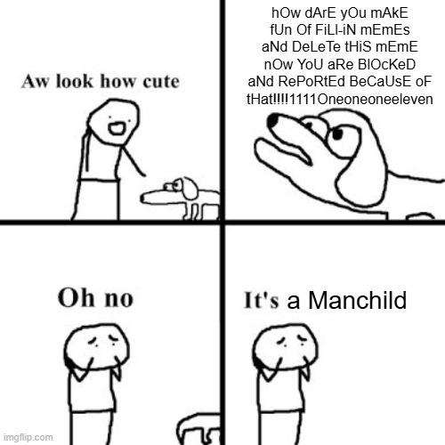 How to Piss off the DA Manchildren | hOw dArE yOu mAkE fUn Of FiLl-iN mEmEs aNd DeLeTe tHiS mEmE nOw YoU aRe BlOcKeD aNd RePoRtEd BeCaUsE oF tHat!!!!1111Oneoneoneeleven; a Manchild | image tagged in oh no its retarted | made w/ Imgflip meme maker