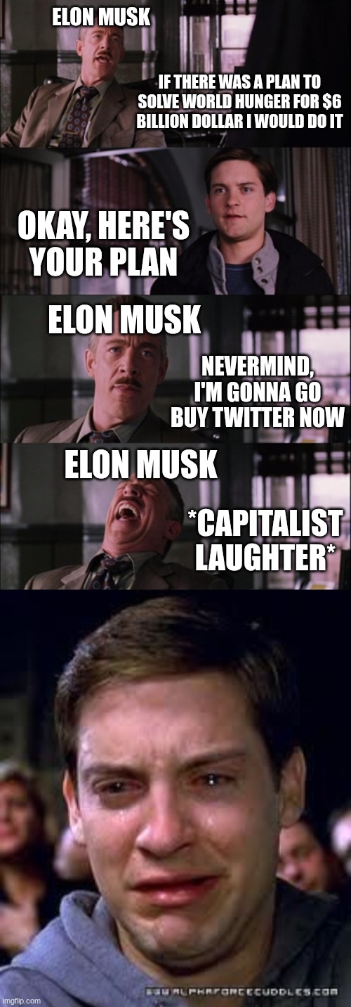 He could have secured his name in the history books for centuries, but NOPE. | ELON MUSK; IF THERE WAS A PLAN TO SOLVE WORLD HUNGER FOR $6 BILLION DOLLAR I WOULD DO IT; OKAY, HERE'S YOUR PLAN; ELON MUSK; NEVERMIND, I'M GONNA GO BUY TWITTER NOW; ELON MUSK; *CAPITALIST LAUGHTER* | image tagged in memes,spiderman laugh,crying spiderman | made w/ Imgflip meme maker