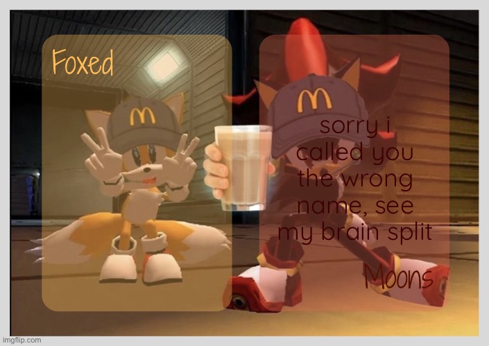 Foxed & Moons - Tails n Shadow temp | sorry i called you the wrong
name, see my brain split | image tagged in foxed moons - tails n shadow temp | made w/ Imgflip meme maker