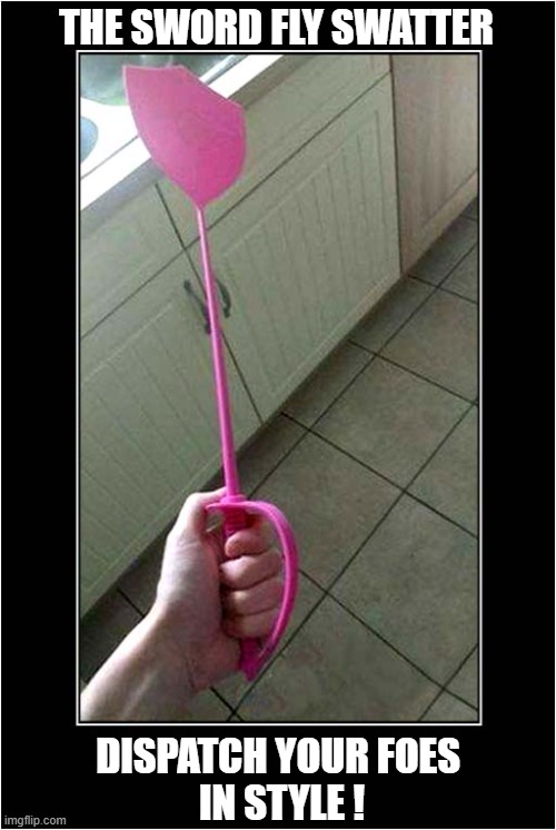 I Want One ! | THE SWORD FLY SWATTER; DISPATCH YOUR FOES
 IN STYLE ! | image tagged in fly,swatter,sword,style | made w/ Imgflip meme maker
