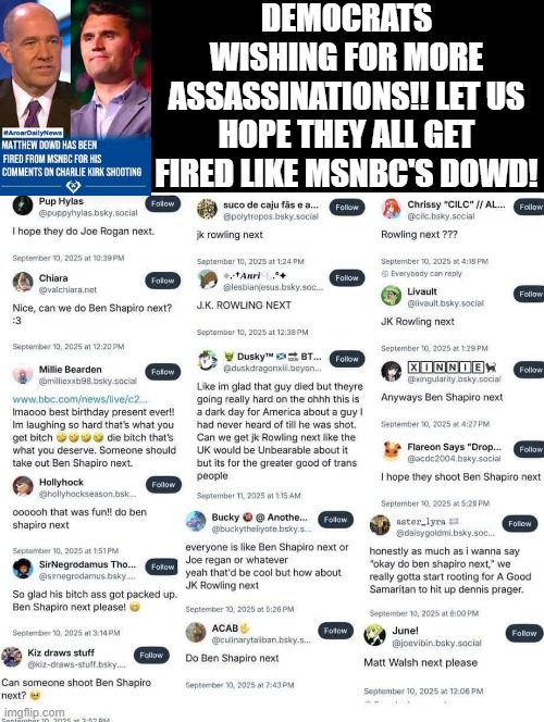 Democrats wishing for more assassinations! How can anyone still support Democrats! | DEMOCRATS WISHING FOR MORE ASSASSINATIONS!! LET US HOPE THEY ALL GET FIRED LIKE MSNBC'S DOWD! | image tagged in sickness | made w/ Imgflip meme maker