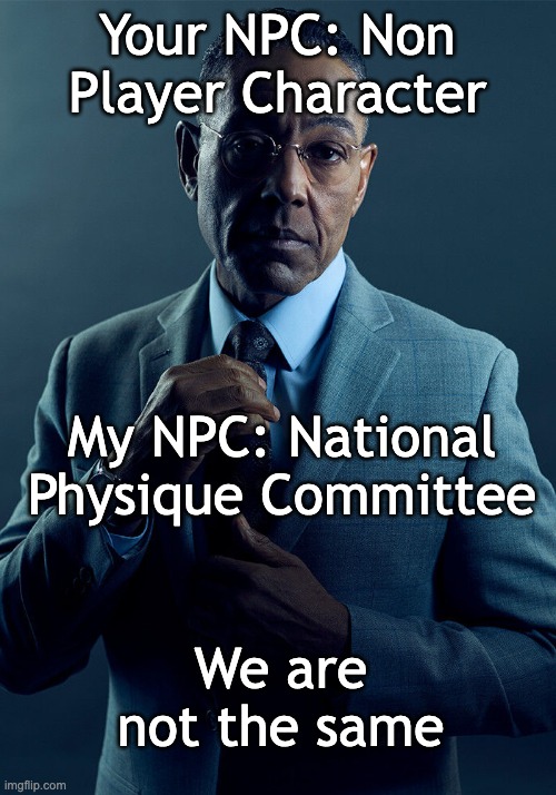 NPC | Your NPC: Non Player Character; My NPC: National Physique Committee; We are not the same | image tagged in gus fring we are not the same,npc,npc meme | made w/ Imgflip meme maker