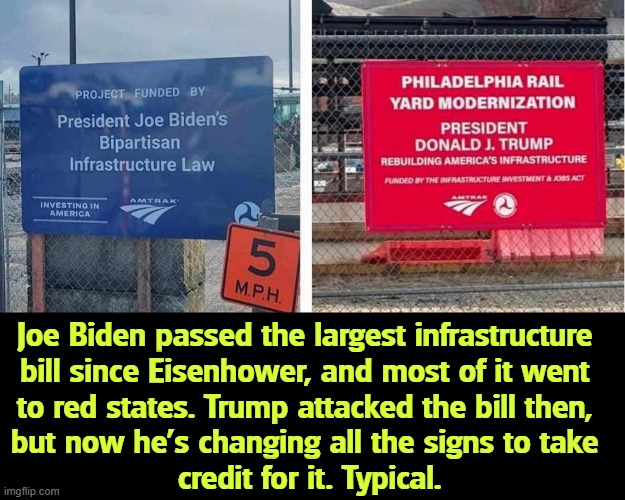 Joe Biden passed the largest infrastructure 
bill since Eisenhower, and most of it went 
to red states. Trump attacked the bill then, 
but now he's changing all the signs to take 
credit for it. Typical. | image tagged in biden,infrastructure,bipartisan,trump,credit | made w/ Imgflip meme maker