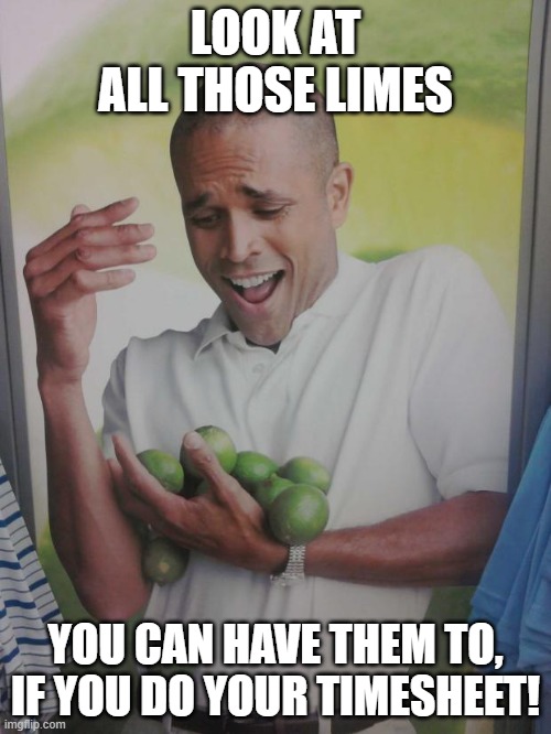 Do Timesheet, get limes | LOOK AT ALL THOSE LIMES; YOU CAN HAVE THEM TO, IF YOU DO YOUR TIMESHEET! | image tagged in memes,why can't i hold all these limes,timesheet meme,timesheet reminder,timesheet | made w/ Imgflip meme maker