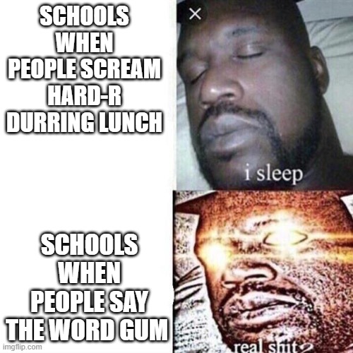 Shaq Sleeping | SCHOOLS WHEN PEOPLE SCREAM HARD-R DURRING LUNCH; SCHOOLS WHEN PEOPLE SAY THE WORD GUM | image tagged in shaq sleeping,accurate,school | made w/ Imgflip meme maker