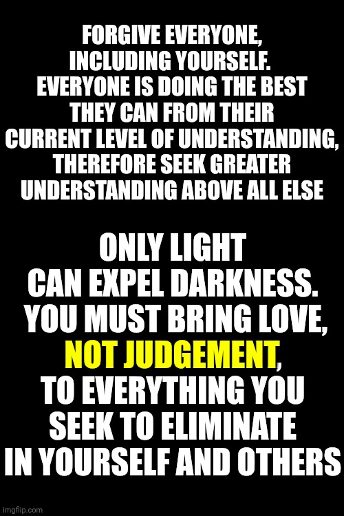 Forgiveness Is Hard But Essential For Your Survival And Sanity | FORGIVE EVERYONE, INCLUDING YOURSELF.  EVERYONE IS DOING THE BEST THEY CAN FROM THEIR CURRENT LEVEL OF UNDERSTANDING, THEREFORE SEEK GREATER UNDERSTANDING ABOVE ALL ELSE; ONLY LIGHT CAN EXPEL DARKNESS.  YOU MUST BRING LOVE,
NOT JUDGEMENT,
TO EVERYTHING YOU SEEK TO ELIMINATE IN YOURSELF AND OTHERS; NOT JUDGEMENT | image tagged in memes,forgiveness,finally inner peace,the great awakening,love wins,enlightenment | made w/ Imgflip meme maker